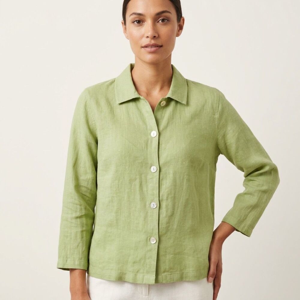 Hot Cotton 100% Linen Shirt Womens Sz M P Sage Button Up Effortless Minimalist